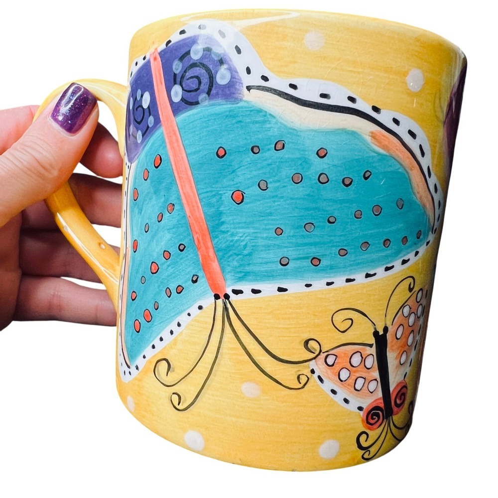 Vintage Laurel Burch Butterfly Mug Yellow Ceramic Coffee Cup 1997 Art Pottery